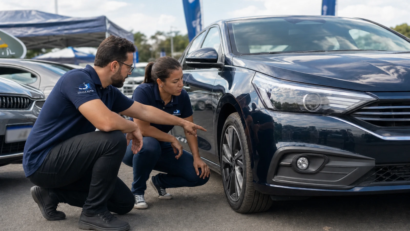 Instrutor e aluna da Educa Auto avaliando um carro real de perto