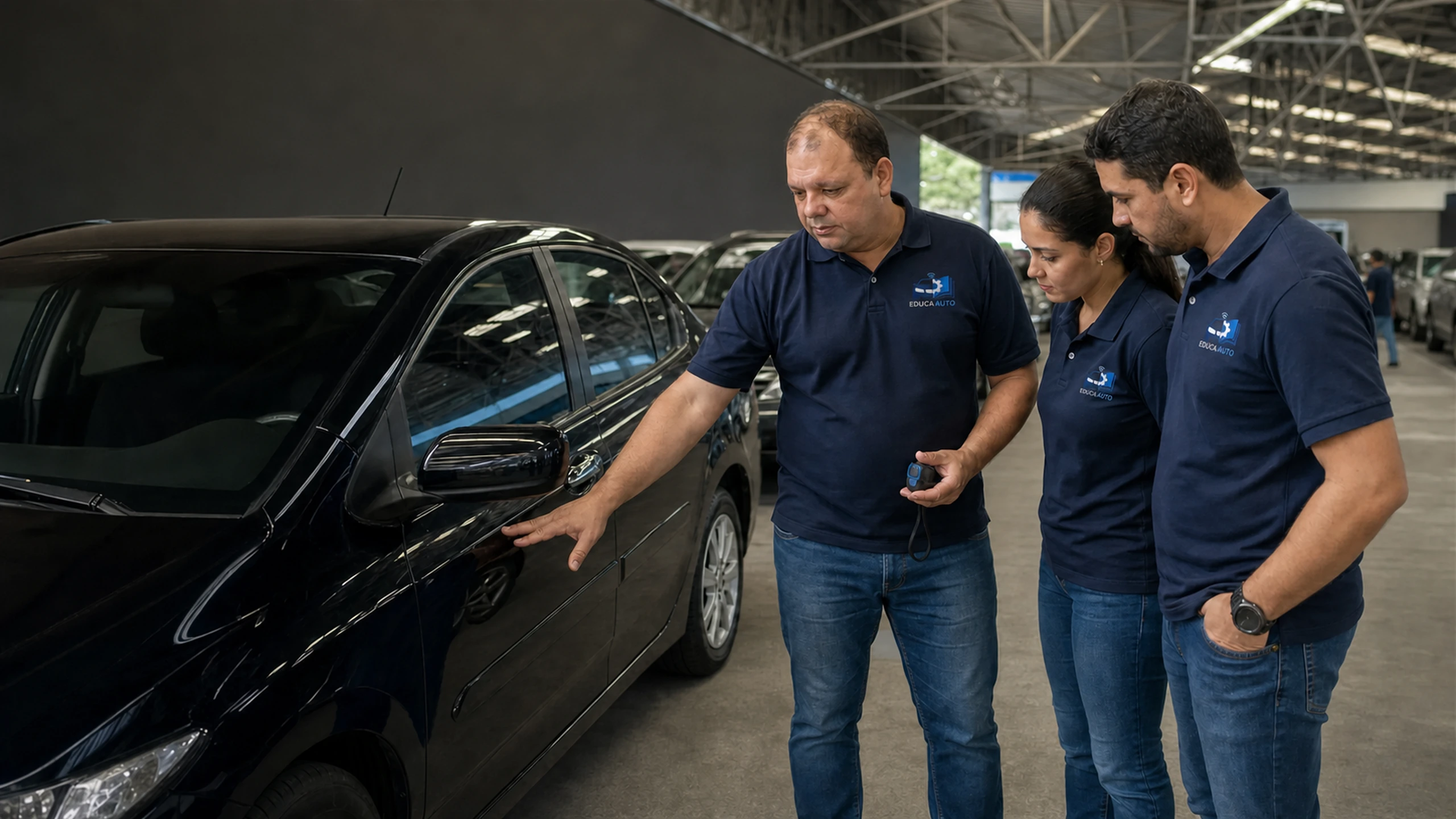 Edison orientando alunos durante uma avaliação automotiva em um veículo real