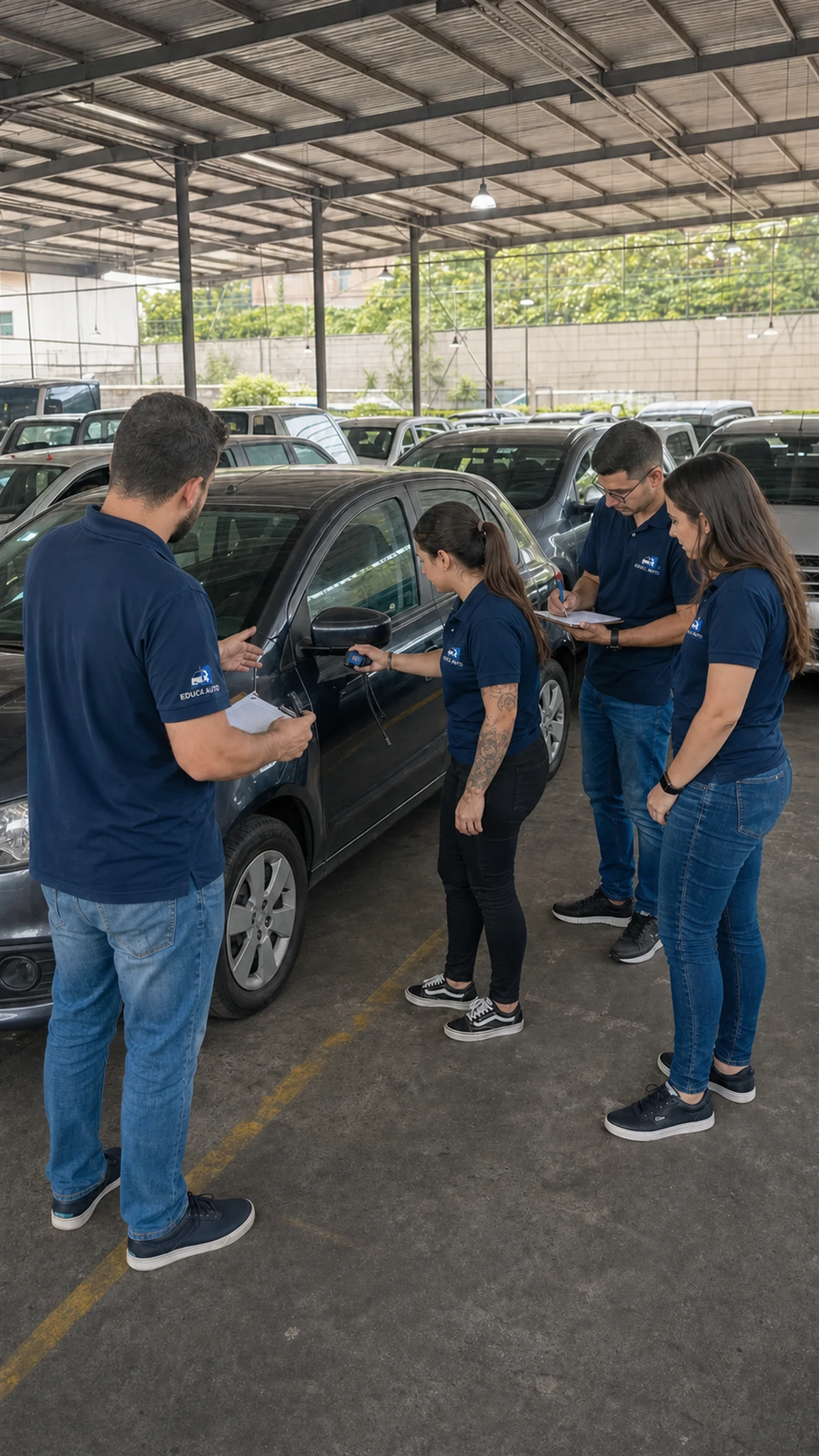 Turma acompanhando uma avaliação em um veículo completo durante a prática
